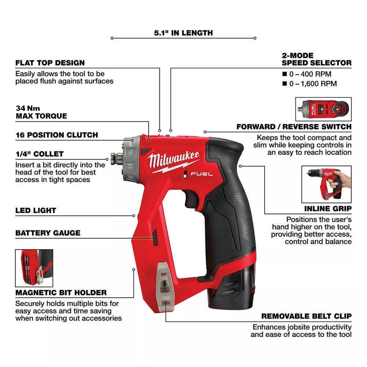 Milwaukee 2505-20 M12 12V Fuel 4-in-1 Installation Drill/Driver Cordless